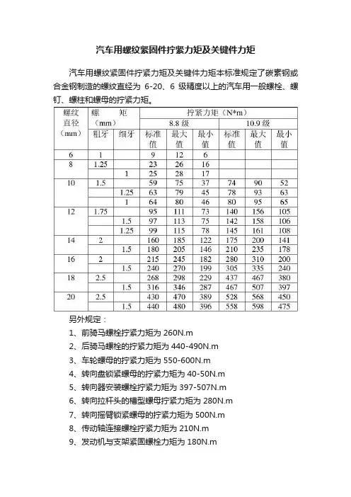 汽车用螺纹紧固件拧紧力矩及关键件力矩