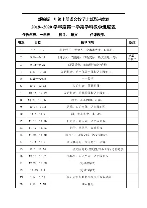 部编本新人教版2019年秋季部编版一年级上册语文教学计划及进度表