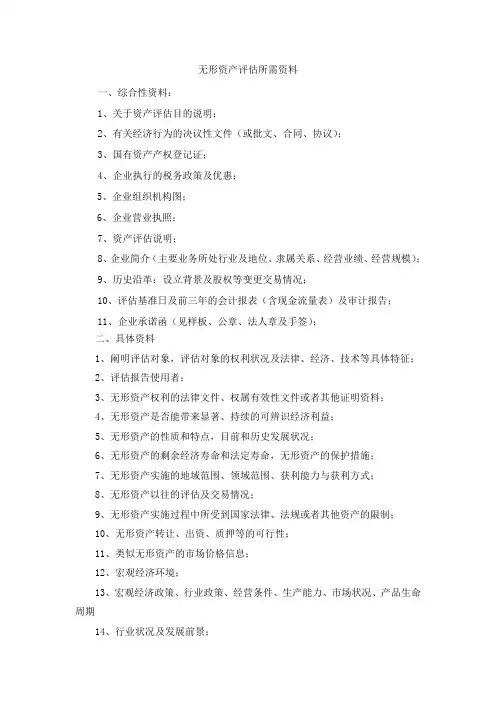 无形资产评估所需资料