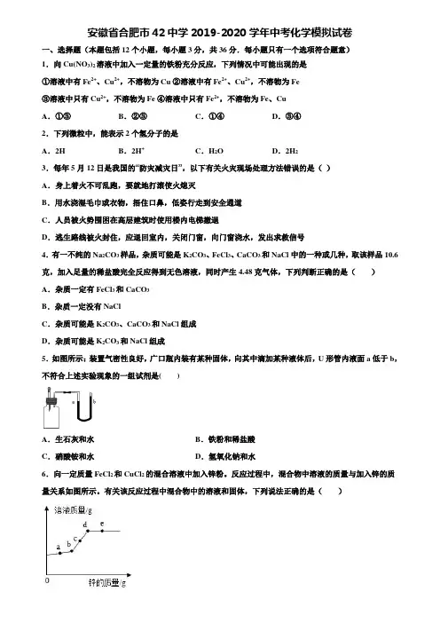 【附20套中考模拟试卷】安徽省合肥市42中学2019-2020学年中考化学模拟试卷含解析