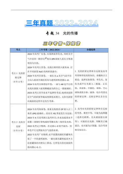 三年(2022-2024)高考物理真题分类汇编(全国通用)专题34光的传播(解析版)