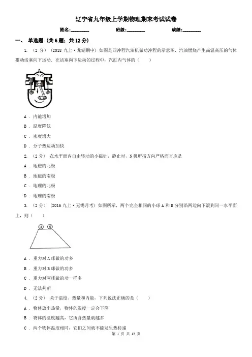 辽宁省九年级上学期物理期末考试试卷