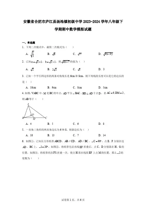 安徽省合肥市庐江县汤池镇初级中学2023-2024学年八年级下学期期中数学模拟试题