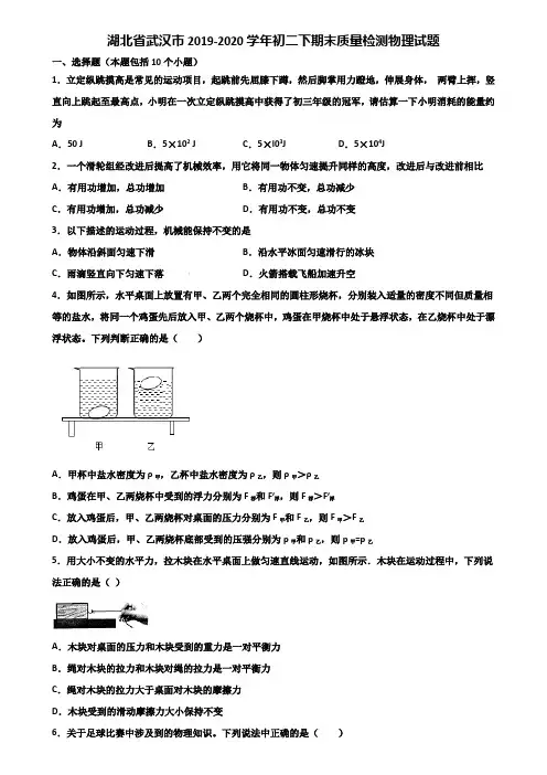 湖北省武汉市2019-2020学年初二下期末质量检测物理试题含解析