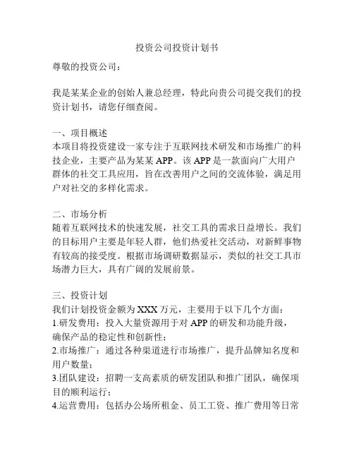 投资公司投资计划书