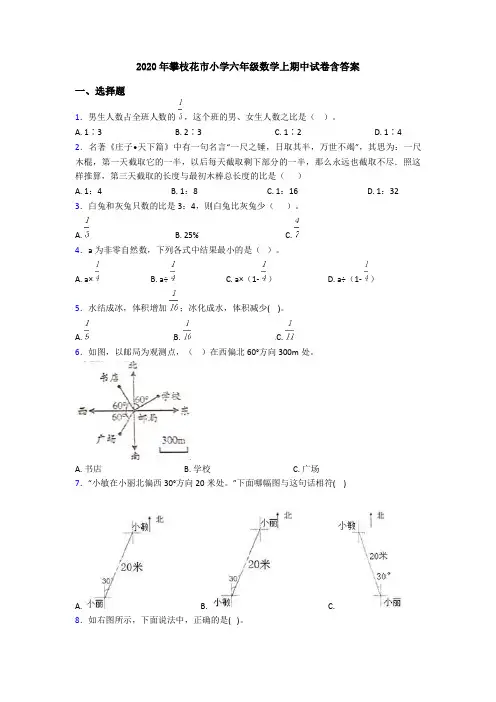 2020年攀枝花市小学六年级数学上期中试卷含答案