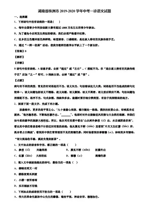 湖南省株洲市2019-2020学年中考一诊语文试题含解析