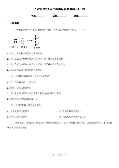 长沙市2019年中考模拟化学试题(I)卷
