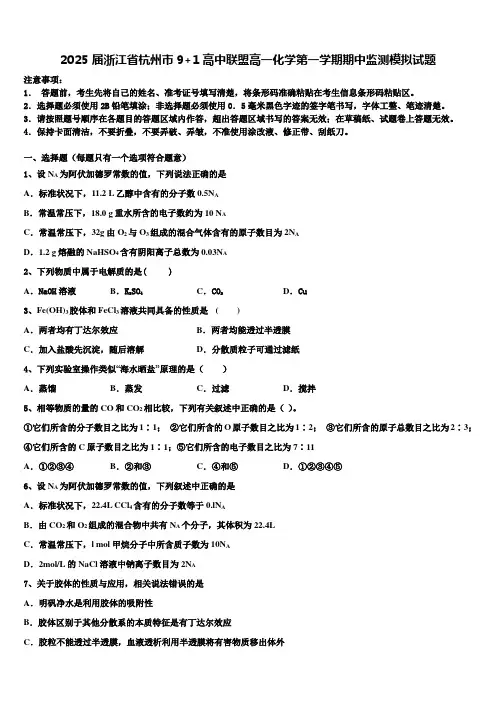 2025届浙江省杭州市9+1高中联盟高一化学第一学期期中监测模拟试题含解析