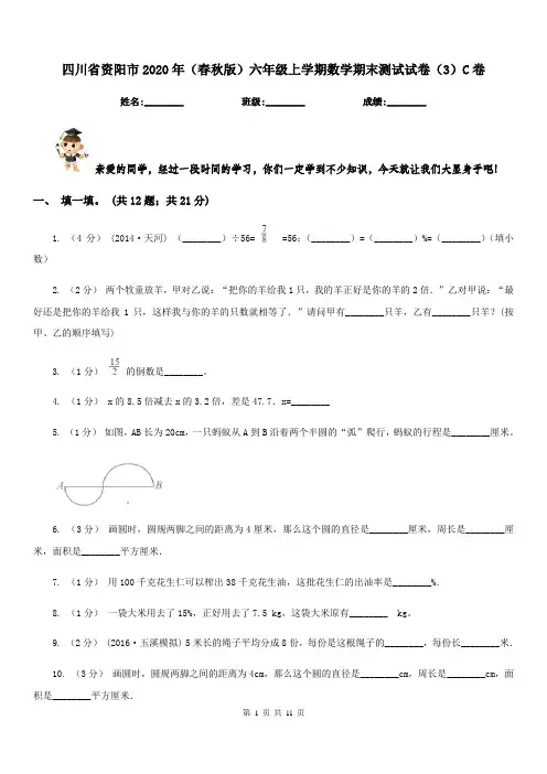 四川省资阳市2020年(春秋版)六年级上学期数学期末测试试卷(3)C卷