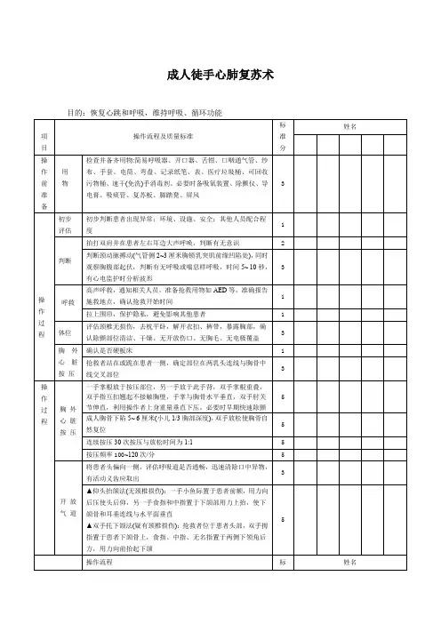 成人徒手心肺复苏术评分标准