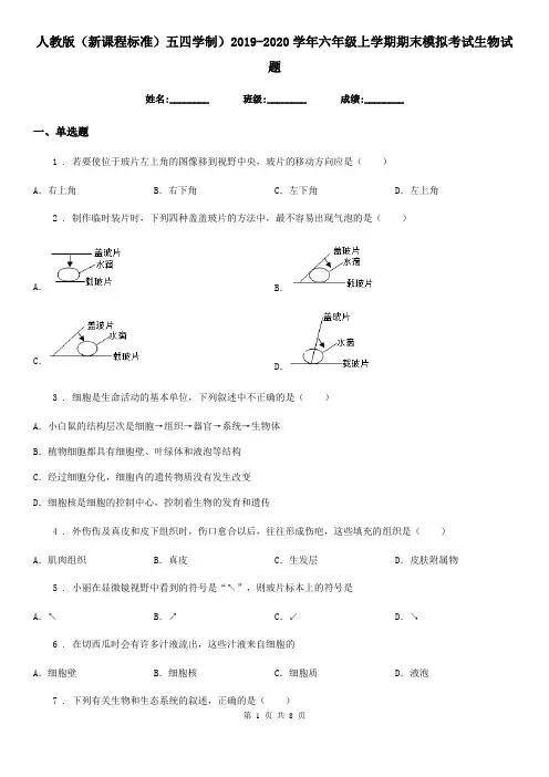 人教版(新课程标准)五四学制)2019-2020学年六年级上学期期末模拟考试生物试题