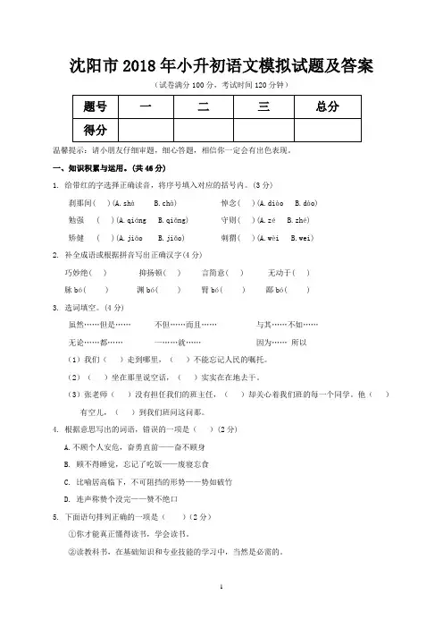 沈阳市2018年小升初语文模拟试题及答案