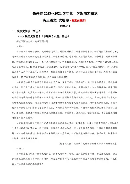 浙江省嘉兴市2023-2024学年高三上学期期末考试语文试题含答案