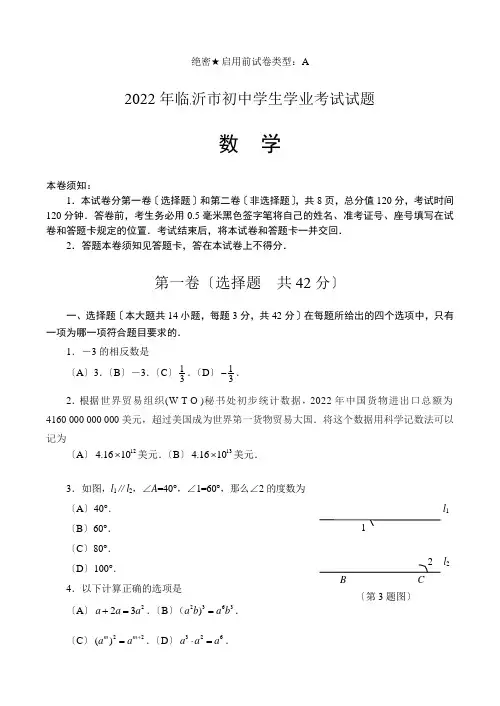 2022年山东省临沂市中考数学试题(含答案)