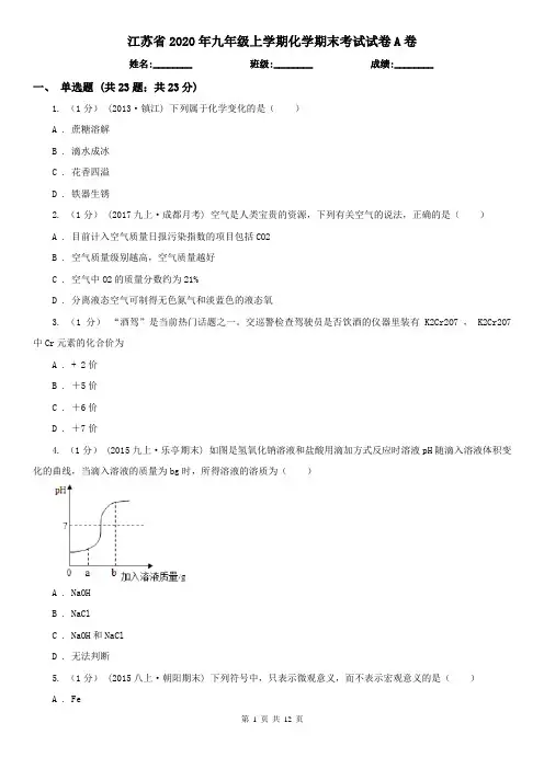 江苏省2020年九年级上学期化学期末考试试卷A卷(新版)