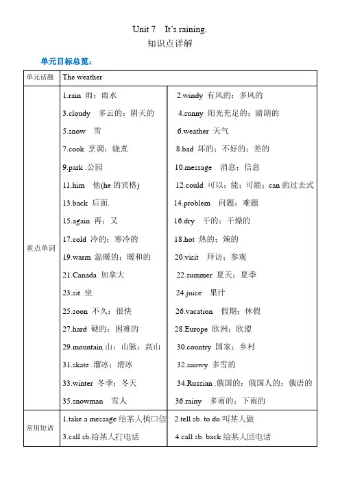 新人教 英语 七年级下册Unit7  It’s raining知识点详解