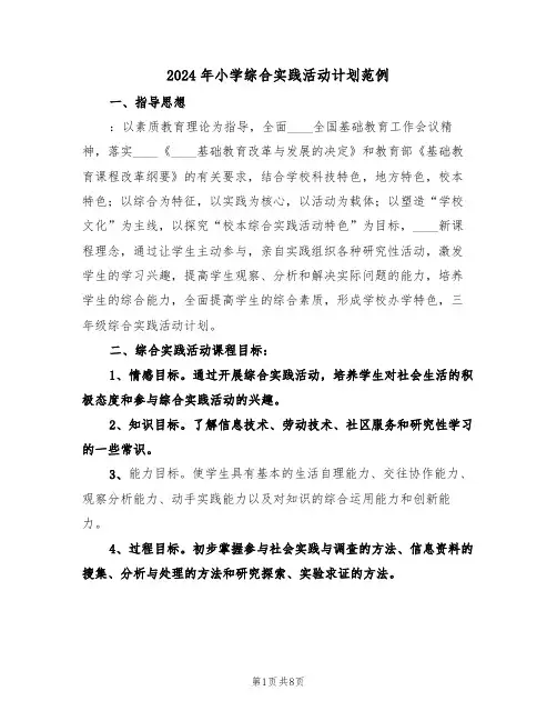 2024年小学综合实践活动计划范例（三篇）