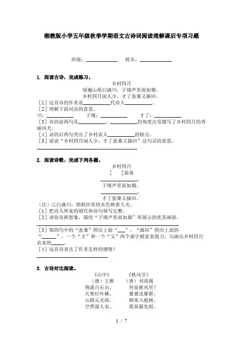 湘教版小学五年级秋季学期语文古诗词阅读理解课后专项习题