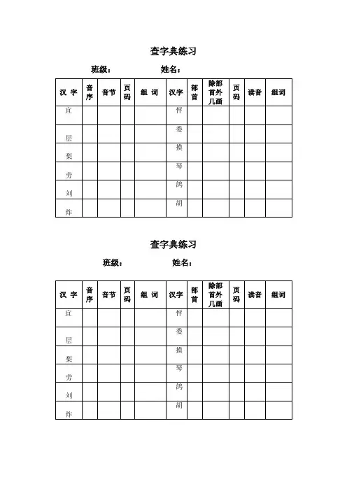 小学语文用于查字典练习的表格