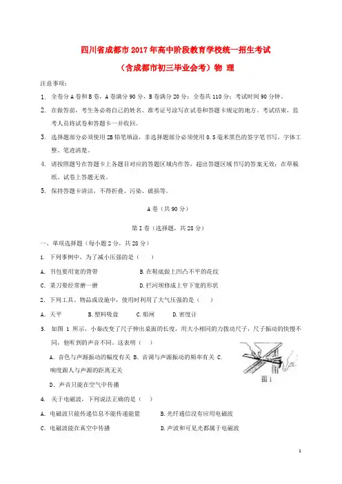 四川省成都市2017年中考物理真题试题含答案 精