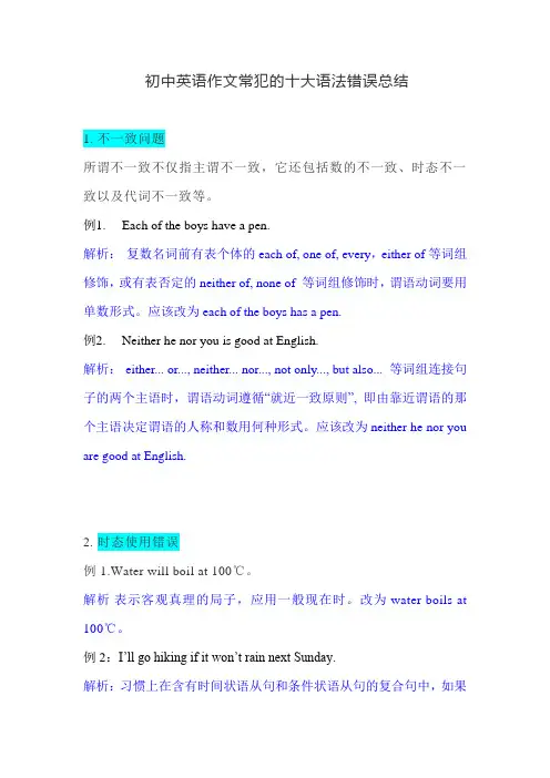 初中英语作文常犯的十大语法错误总结