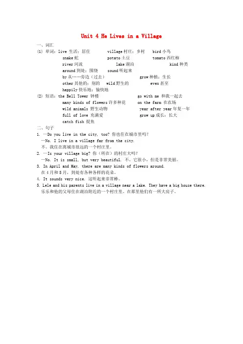 2023五年级英语下册Unit4HeLivesinaVillage知识梳理陕旅版