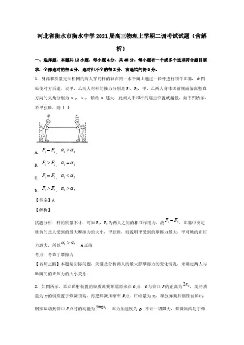 河北省衡水市衡水中学2021届高三物理上学期二调考试试题﹙含解析﹚