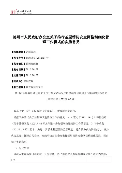 德州市人民政府办公室关于推行基层消防安全网格精细化管理工作模