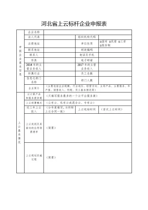 河北省上云标杆企业申报表