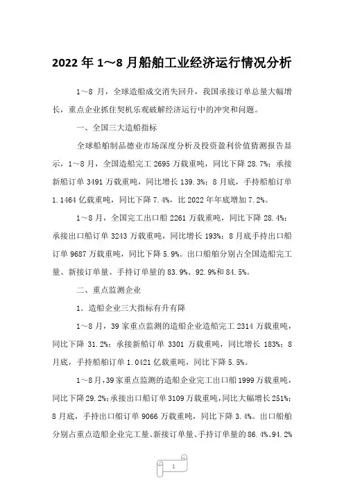 2023年1～8月船舶工业经济运行情况分析