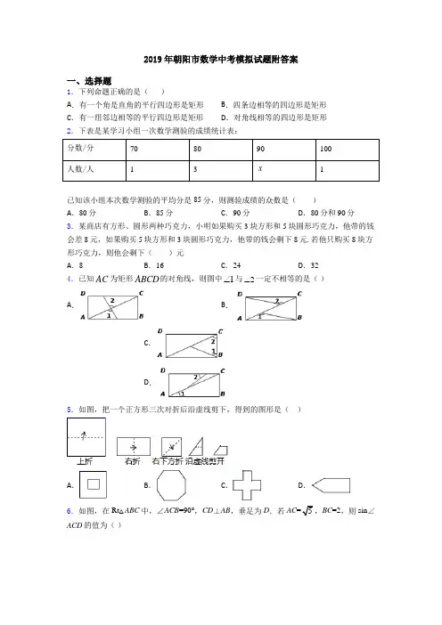 2019年朝阳市数学中考模拟试题附答案