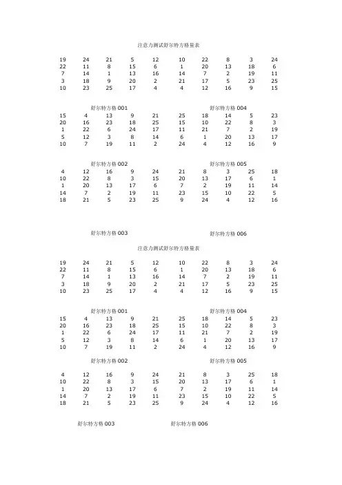 注意力测试舒尔特方格量表
