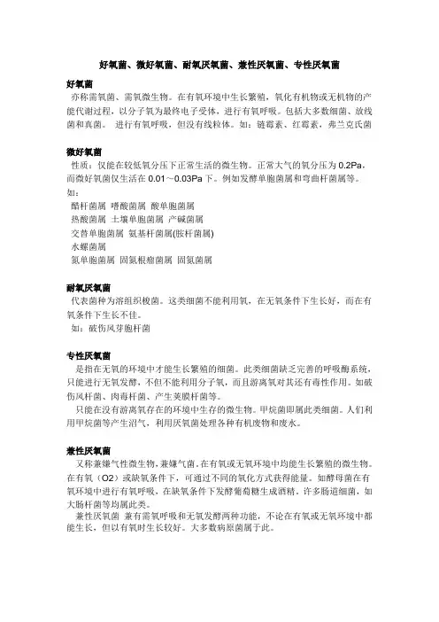 好氧菌、微好氧菌、耐氧厌氧菌、兼性厌氧菌、专性厌氧菌