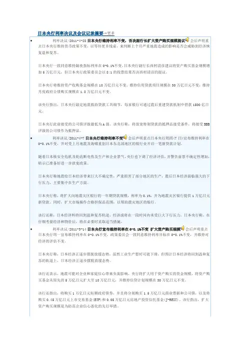 日本央行利率决议及会议记录摘要