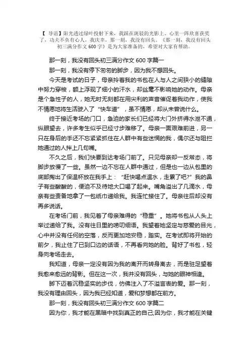 那一刻，我没有回头初三满分作文600字