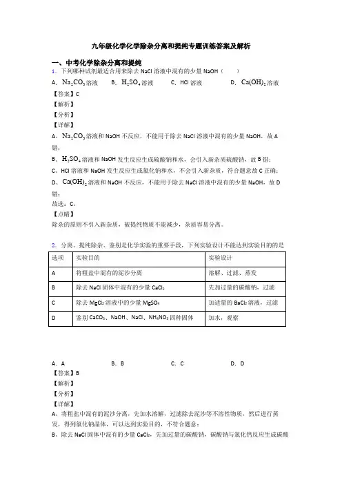 九年级化学化学除杂分离和提纯专题训练答案及解析