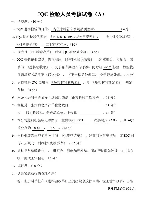 IQC检验人员考核试卷