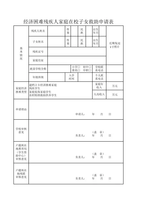 经济困难残疾人家庭在校子女救助申请表