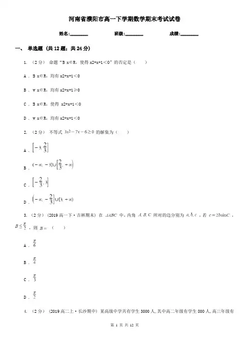 河南省濮阳市高一下学期数学期末考试试卷