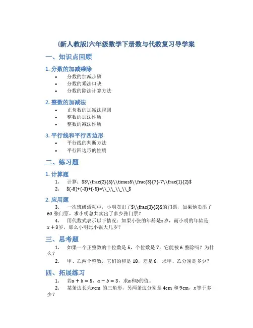 (新人教版)六年级数学下册数与代数复习导学案