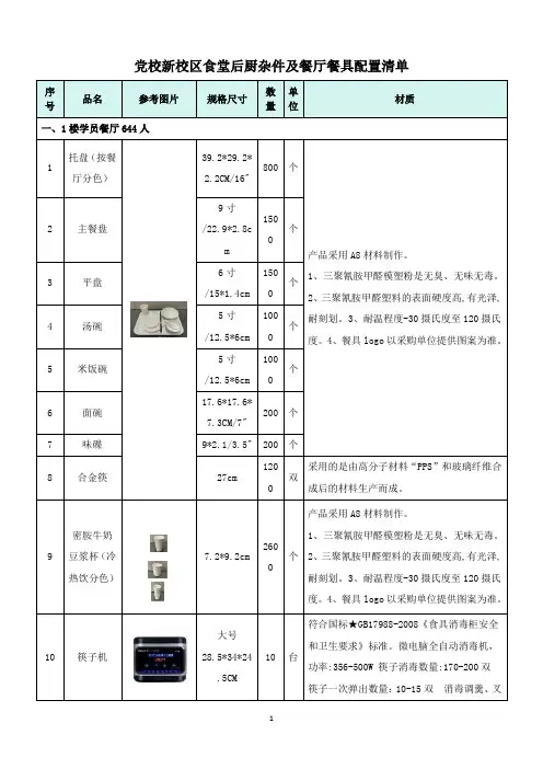 党校新校区食堂后厨杂件及餐厅餐具配置清单