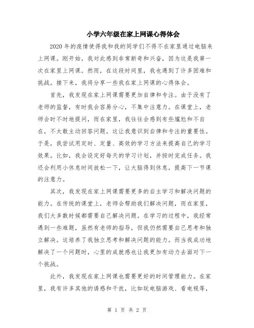 小学六年级在家上网课心得体会