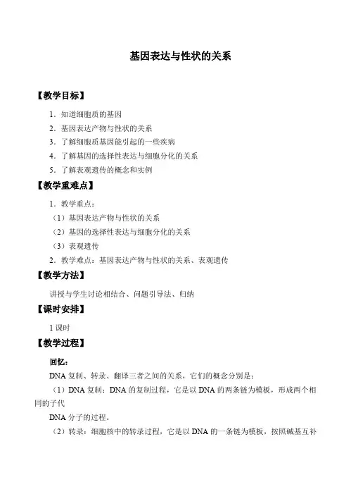 人教版高一生物必修二-4.2 基因表达与性状的关系-教案