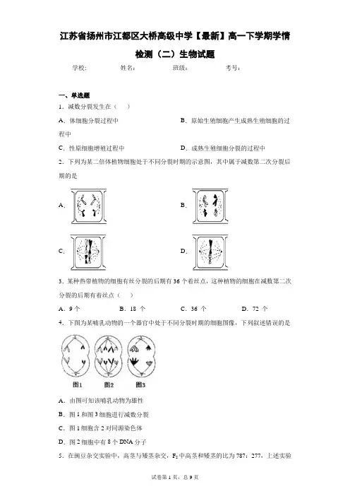 2020-2021学年高一下学期学情检测(二)生物试题含答案解析
