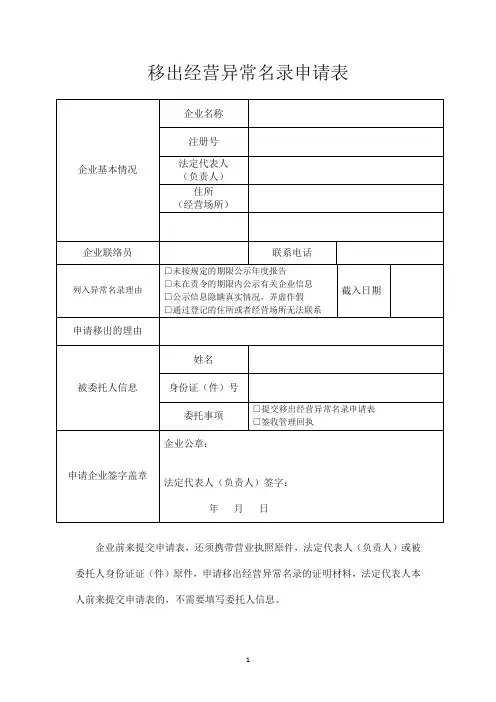 移出经营异常名录申请表