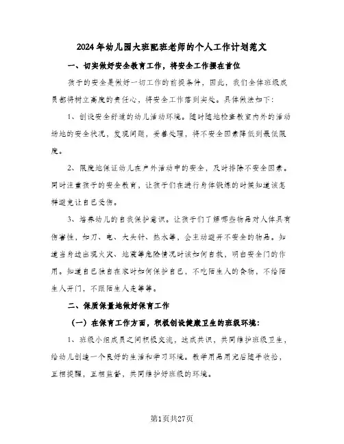 2024年幼儿园大班配班老师的个人工作计划范文（9篇）