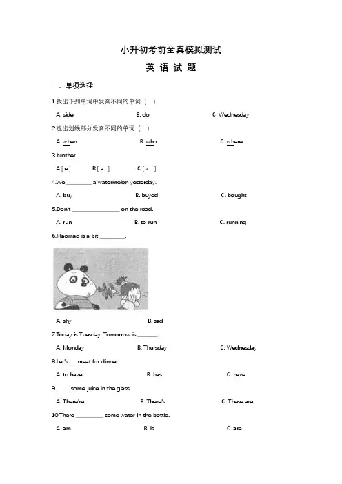 最新小升初英语模拟试题(十三)译林版三起(附答案)