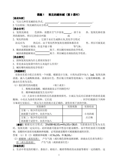 人教九年级化学导学案常见的酸和碱第三课时