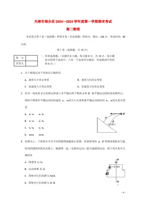天津市部分区2024_2025学年高二物理上学期期末考试试题